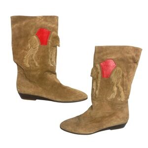 Vintage Andrea Pfister Suede Camel Boots Womens 8M Elephant Design Red Leather